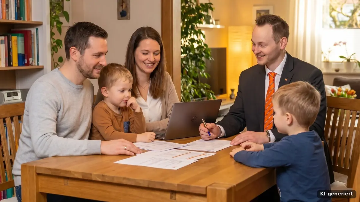 Familie mit Kindern bespricht den Hauskauf mit einem Berater