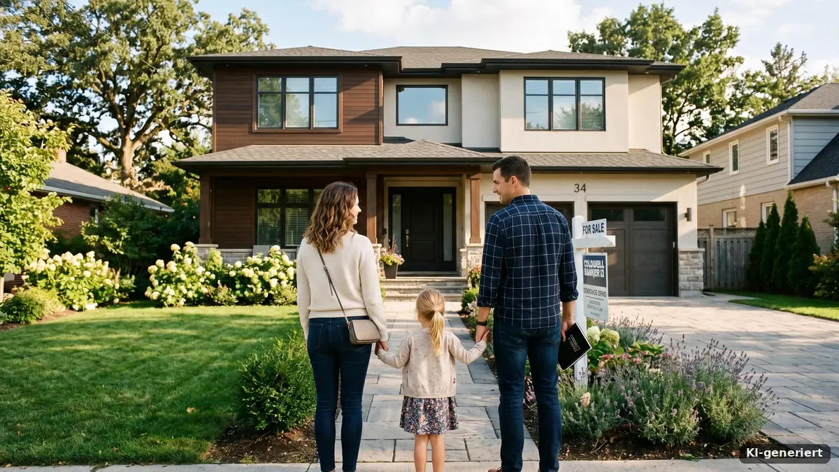Familie steht vor ihrem neuen Haus