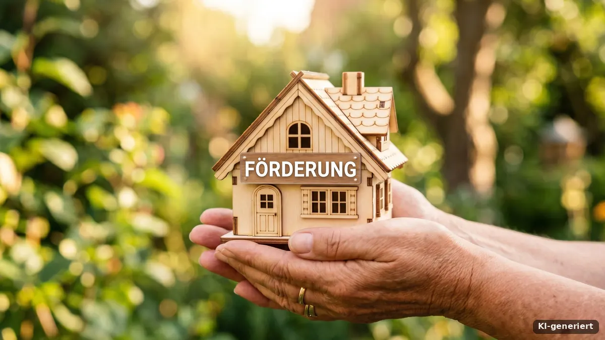 Hände halten ein Hausmodell mit der Aufschrift Förderung