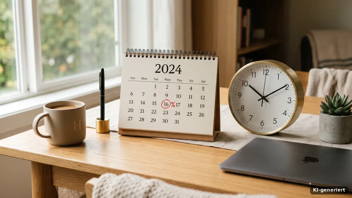 Kalender und Uhr auf einem Schreibtisch