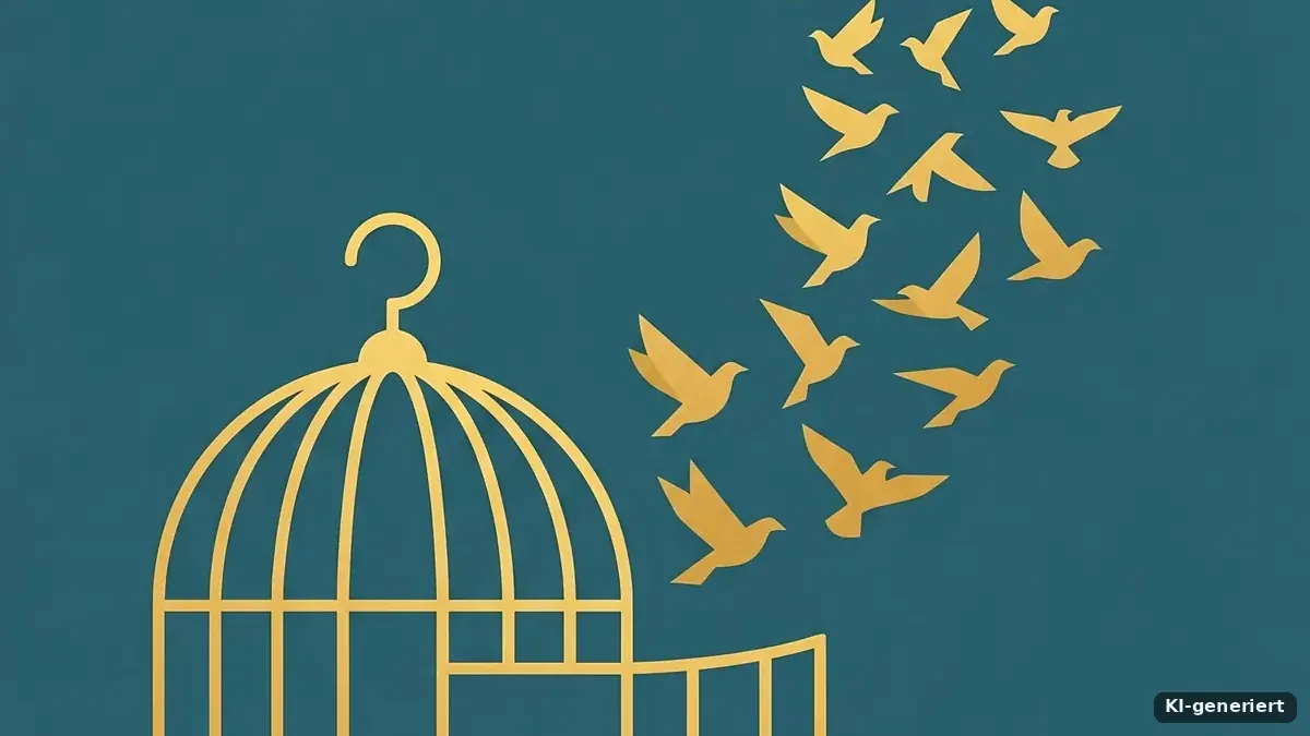 Illustration: Vögel fliegen aus einem offenen Käfig