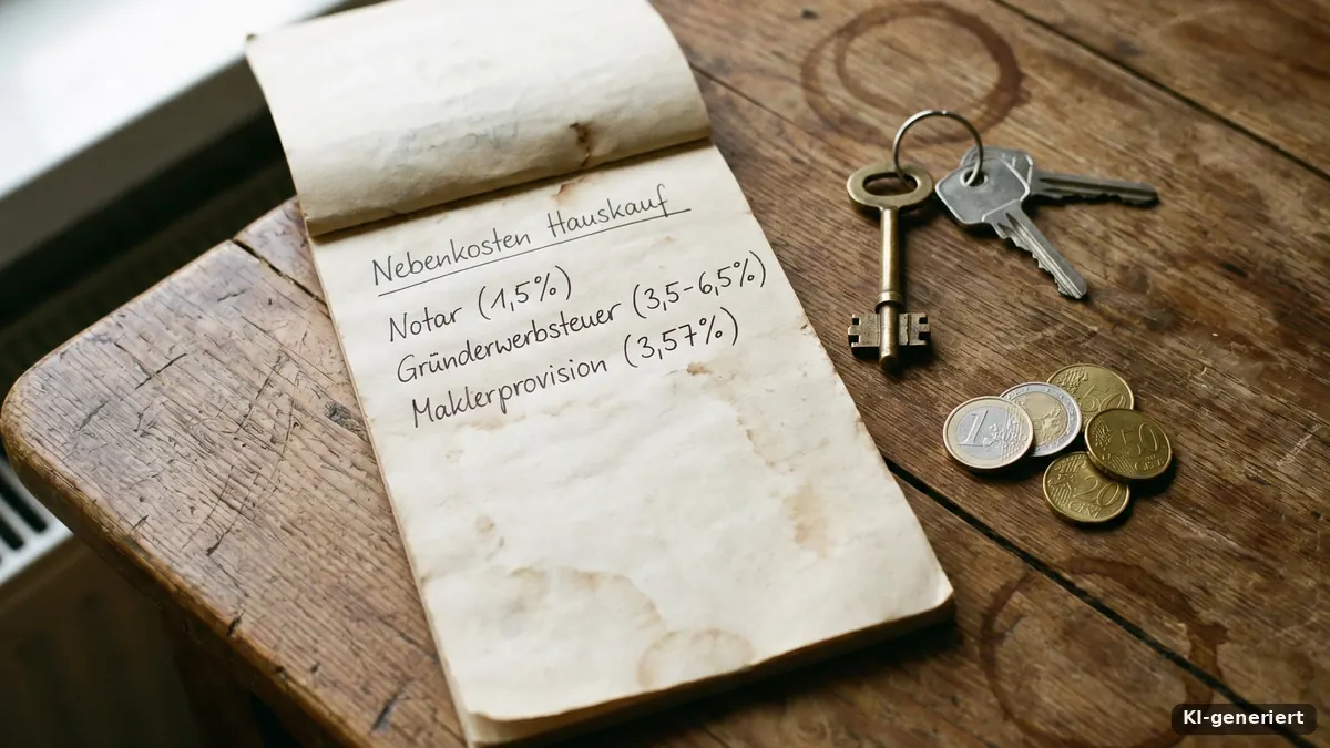 Notizbuch, Schlüssel und Münzen auf einem Holztisch