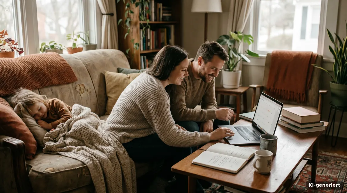 Paar mit Baby plant am Laptop die Finanzierung