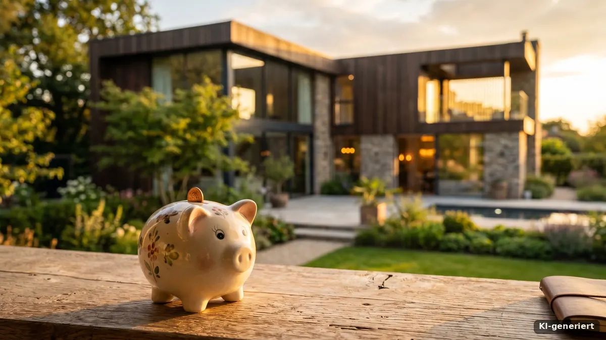 Sparschwein vor einem modernen Haus