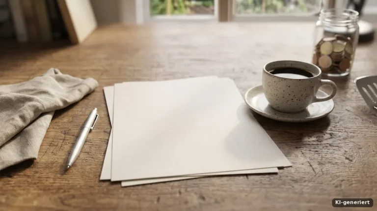 Papiere und Kaffeetasse auf einem Holztisch