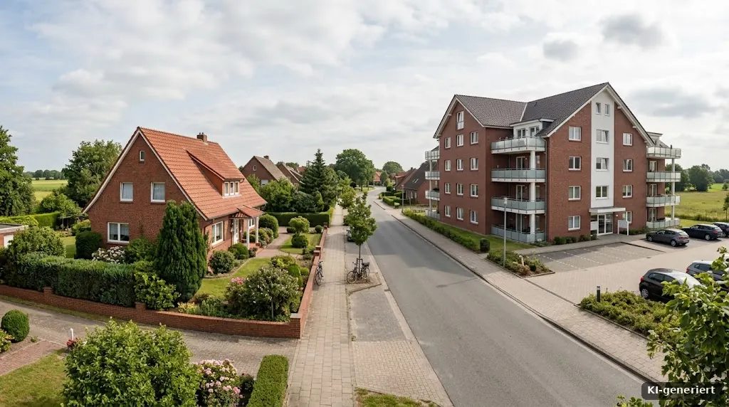 Wohnstraße mit Einfamilien- und Mehrfamilienhaus